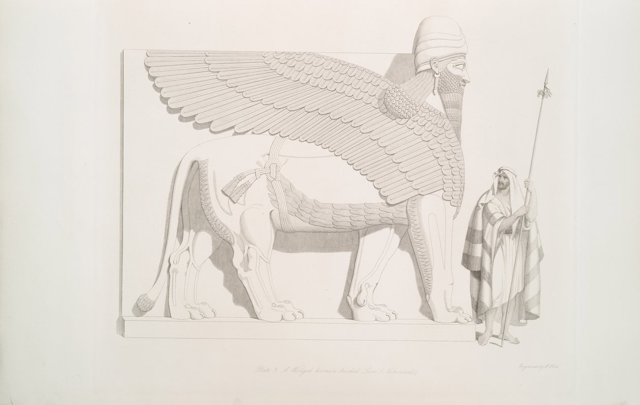 Ett bevingat lejon med människohuvud från Nimroud [Calah], 1849 av Austen Henry Layard