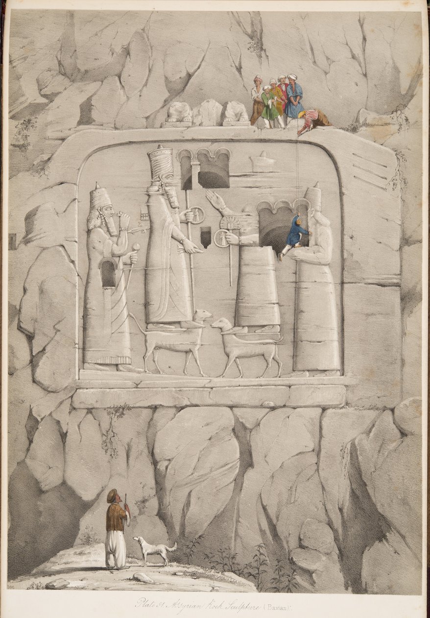Assyrisk klippskulptur (bayersk), från Monuments of Nineveh, pub. 1849 (gravyr) av Austen Henry Layard