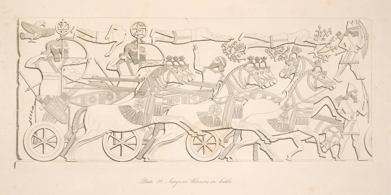 Assyriska krigare i strid, från Monuments of Nineveh, pub. 1849 av Austen Henry Layard