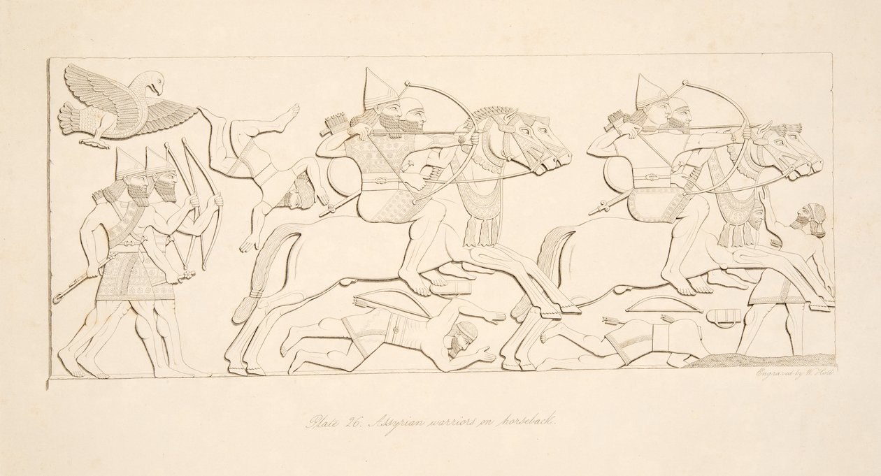 Assyriska krigare till häst, från Monuments of Nineveh, pub. 1849 av Austen Henry Layard