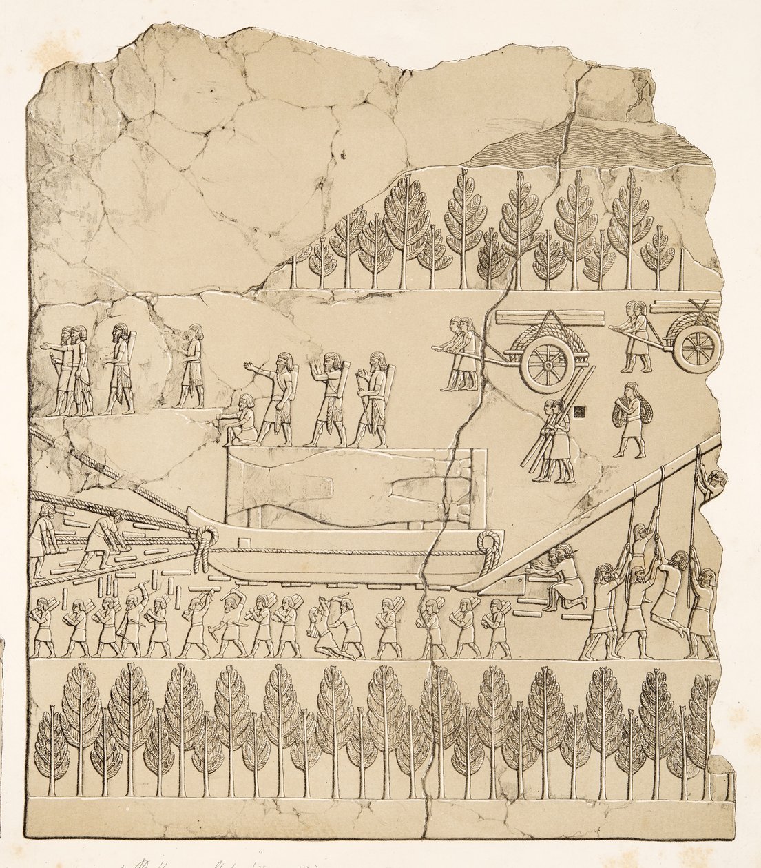 Assyrier flyttar en bevingad tjur på en släde (Kouyunjik), från Monuments of Nineveh, pub. 1849 (gravyr) av Austen Henry Layard