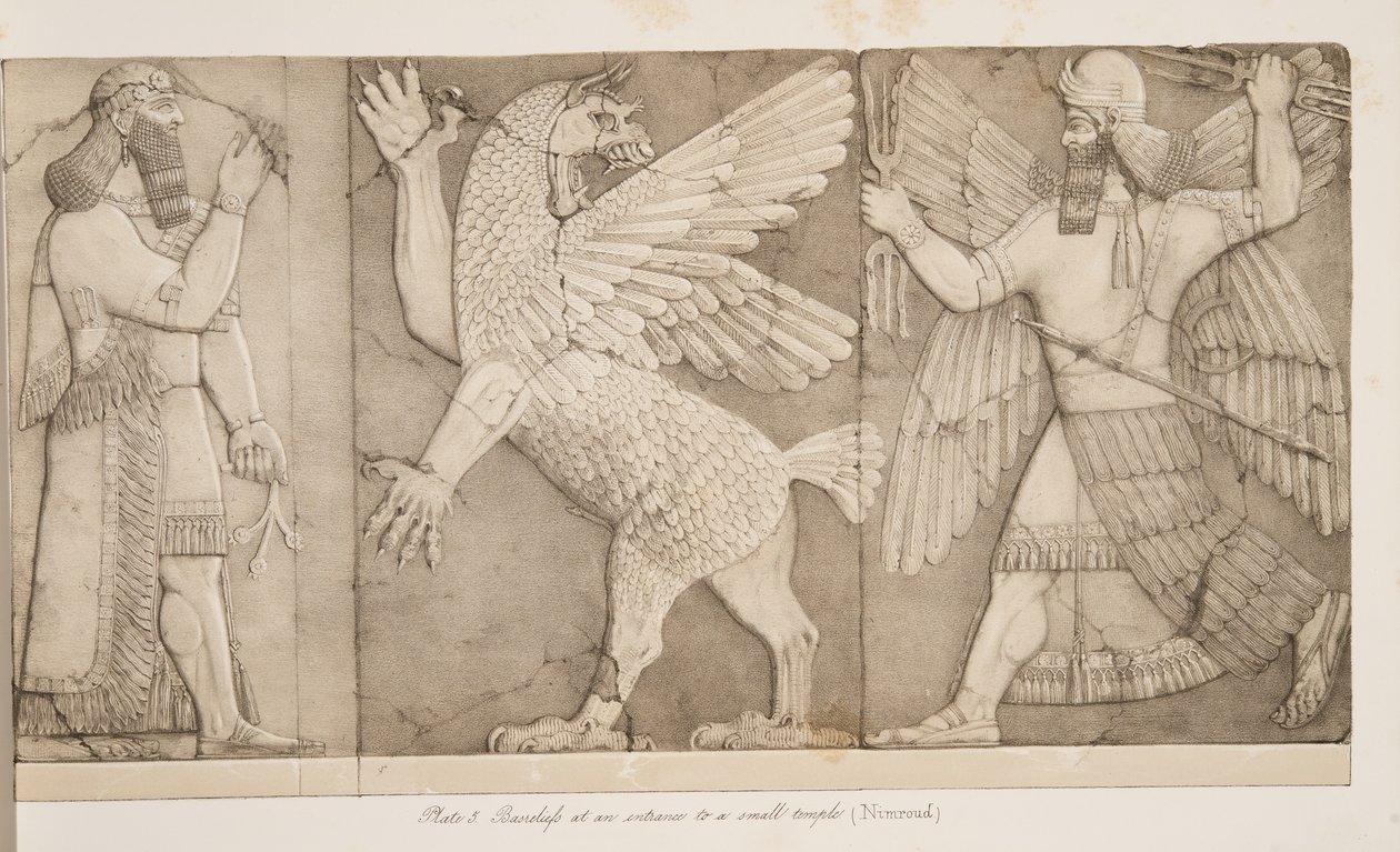 Basreliefer vid en ingång till ett litet tempel (Nimroud), från Monuments of Nineveh, pub. 1849 av Austen Henry Layard