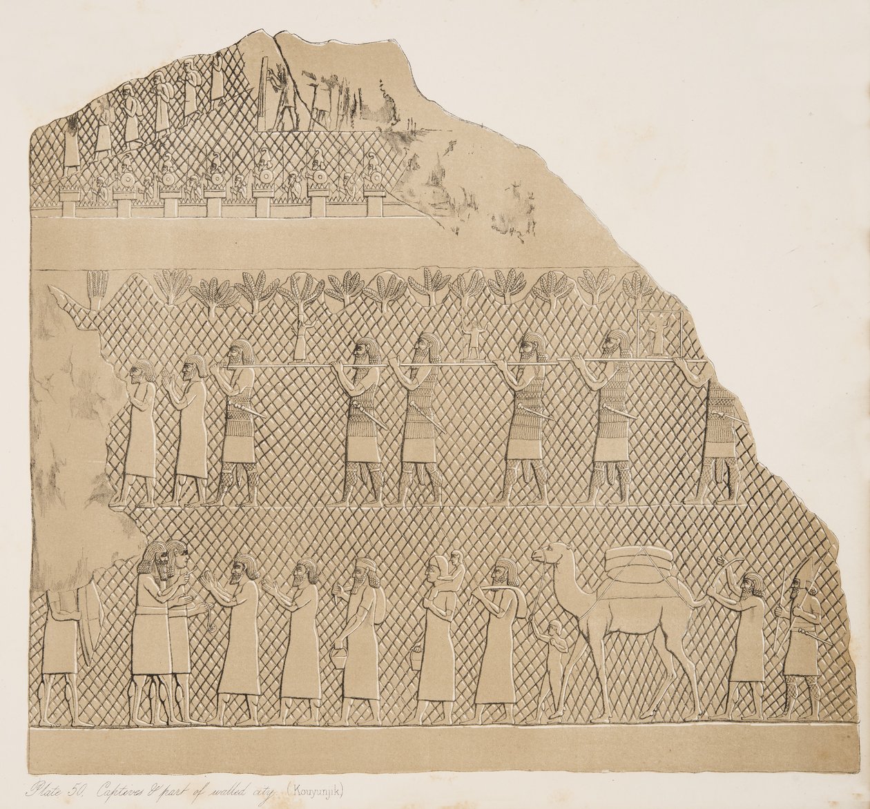 Fångar och en del av den muromgärdade staden (Kouyunjik) illustration från Monuments of Nineveh, 1858 av Austen Henry Layard