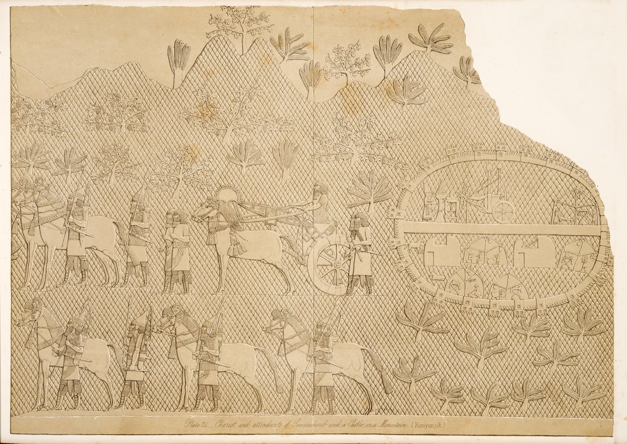 Vagn och skötare av Sanherib och ett slott på ett berg (Kouyunjik), från Monuments of Nineveh, pub. 1849 av Austen Henry Layard