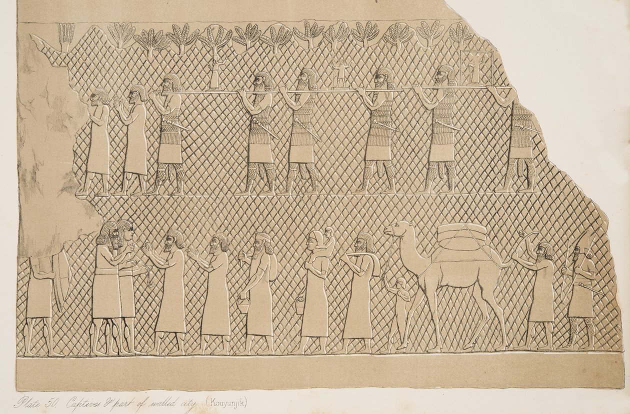 Detalj från fångar och en del av den muromgärdade staden (Kouyunjik), illustration från Monuments of Nineveh, 1858 av Austen Henry Layard