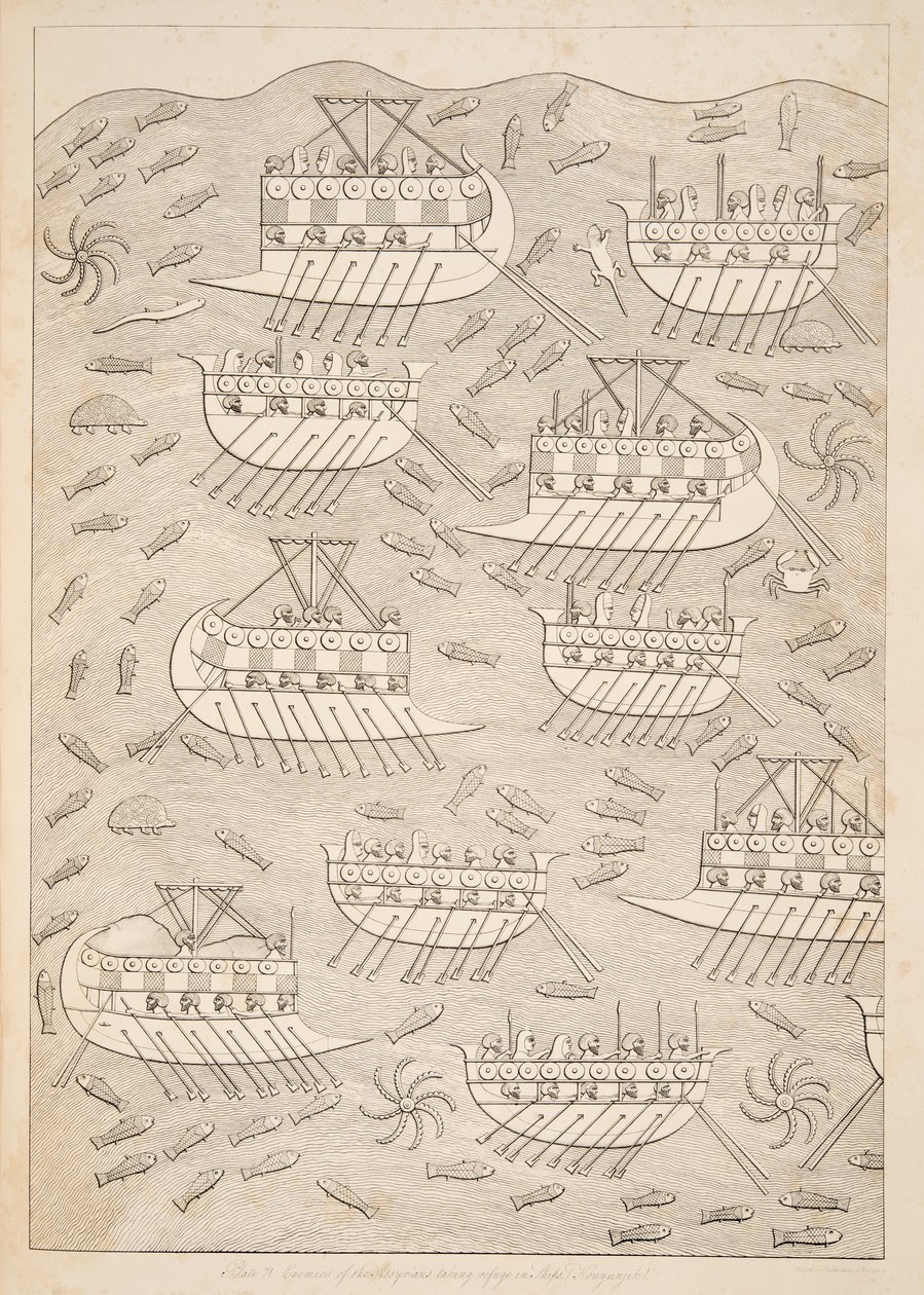 Fiender till assyrierna som tar sin tillflykt till fartyg (Kouyunlik), från Monuments of Nineveh, pub. 1849 av Austen Henry Layard