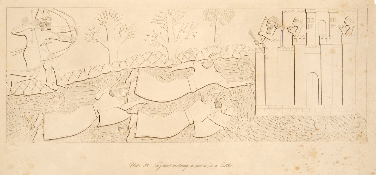 Flyktingar som korsar en flod till ett slott, från Monuments of Nineveh, pub. 1849 av Austen Henry Layard