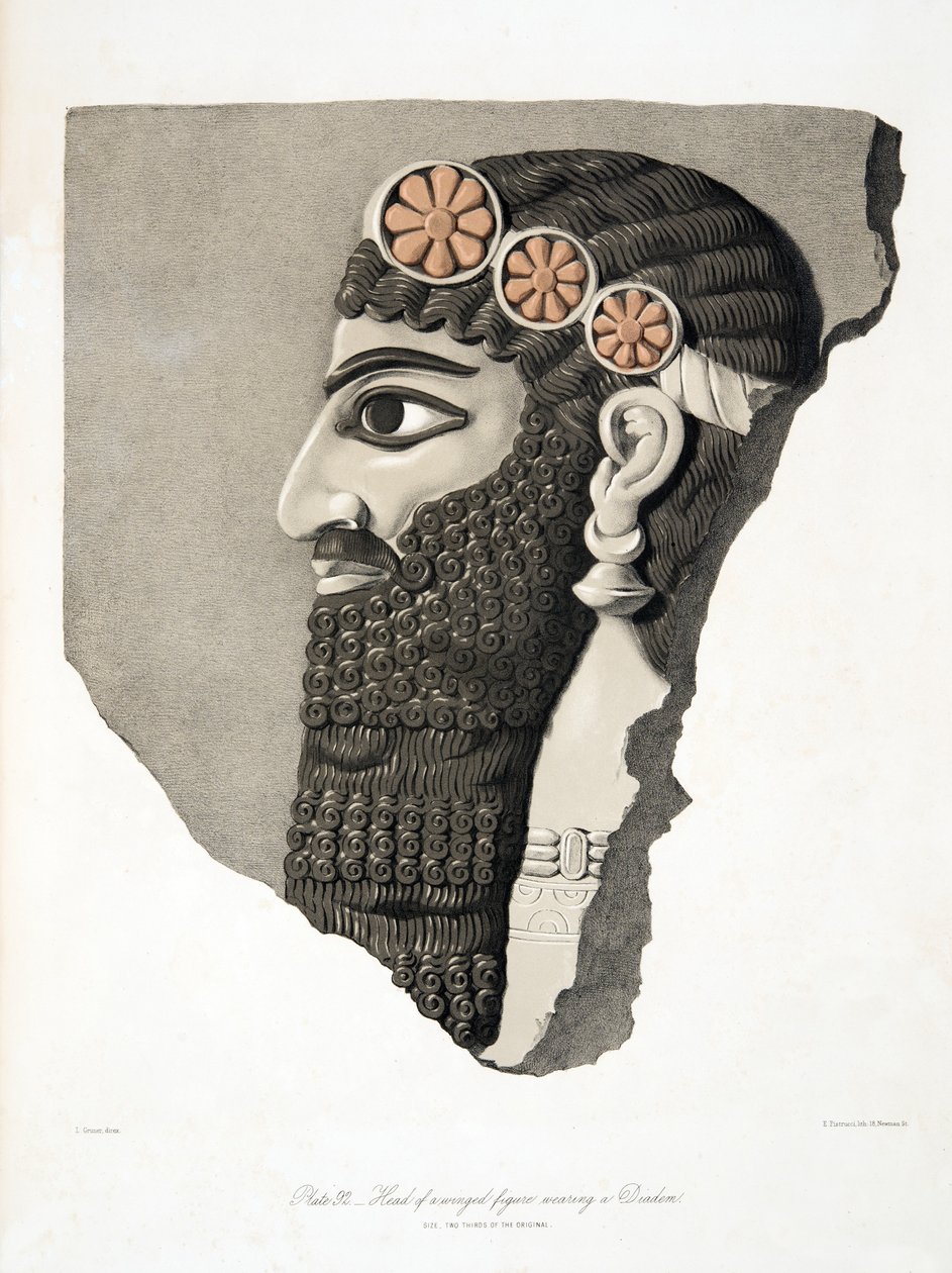 Chef för en bevingad figur som bär ett diadem, från Monuments of Nineveh, pub. 1849 av Austen Henry Layard