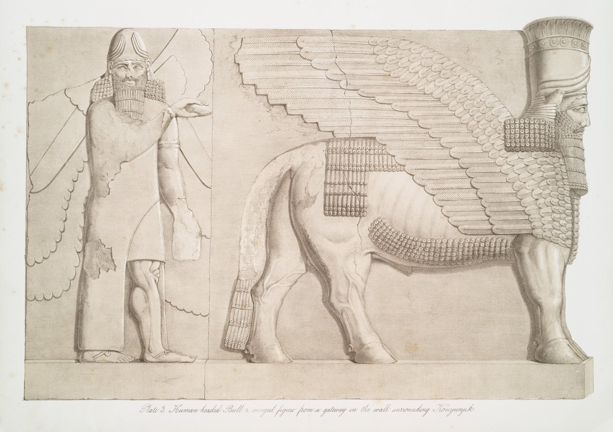 Tjur med människohuvud och bevingad figur från en port i muren som omger Kouyunjik [Quyunjik], 1853 av Austen Henry Layard