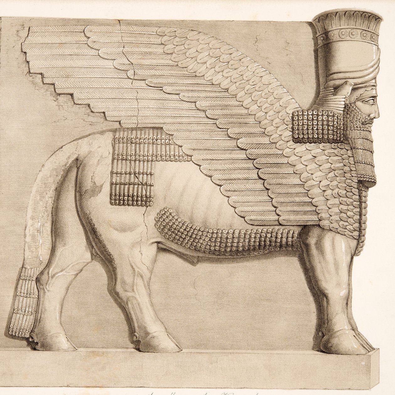 Människoledd tjur och bevingad figur från en port i muren som omger Kouyunjik, från Monuments of Nineveh, pub. 1849 av Austen Henry Layard