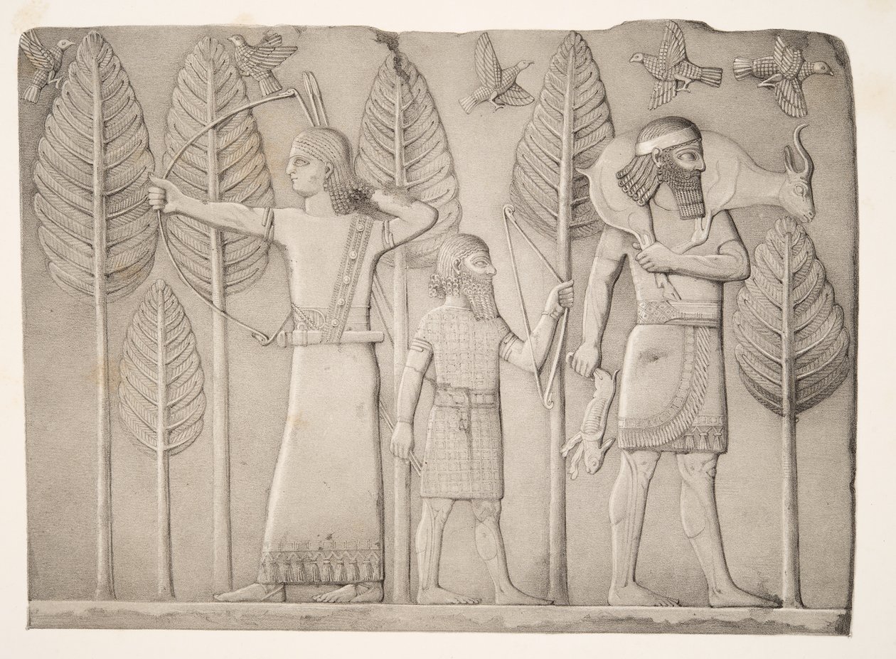 Jägare med gasell, hare och fåglar (Khorsabad), från Monuments of Nineveh, pub. 1849 av Austen Henry Layard