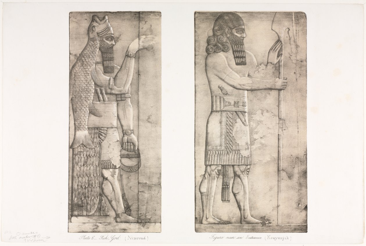 Monument av Ninevah: Platta 6, Fiskgud (Nimroud); Figur nära en entré (Kouyunjik) av Austen Henry Layard