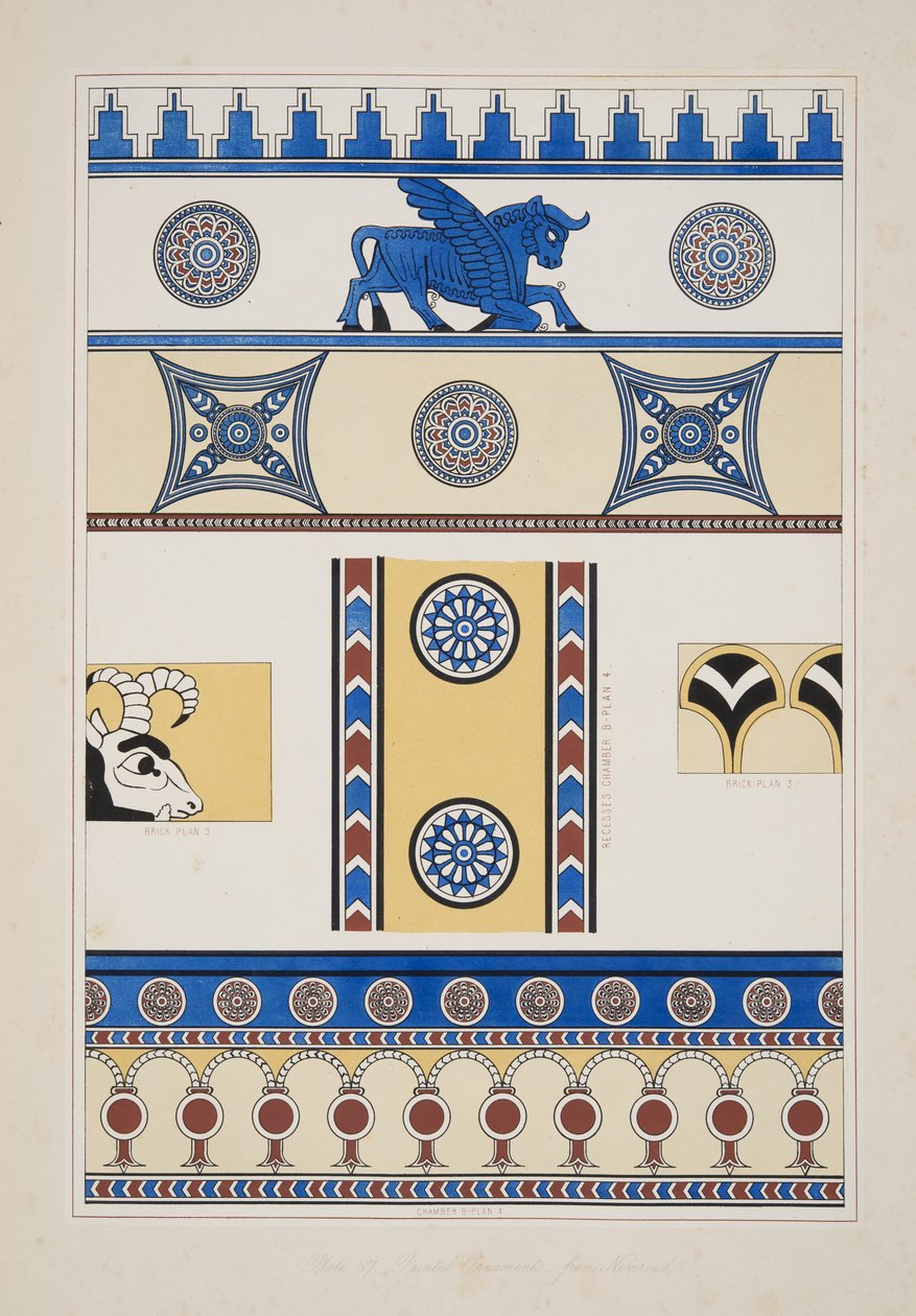 Målade prydnadsföremål från Nimroud, från Monuments of Nineveh, pub. 1849 av Austen Henry Layard