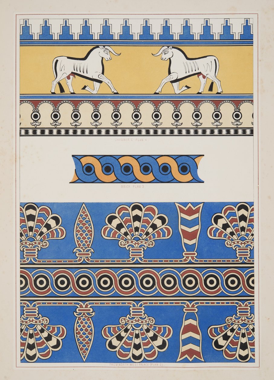 Målade prydnadsföremål från Nimroud, från Monuments of Nineveh, pub. 1849 av Austen Henry Layard