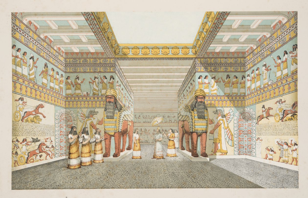 Rekonstruktion av salen i ett assyriskt palats, från Monuments of Nineveh, pub. 1849 (handfärgad gravyr) av Austen Henry Layard