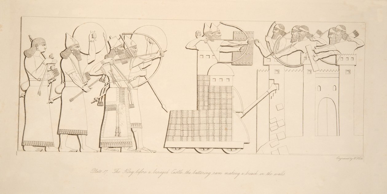 Kungen före ett belägrat slott, väduren som bryter mot väggarna, från Monuments of Nineveh, pub. 1849 av Austen Henry Layard