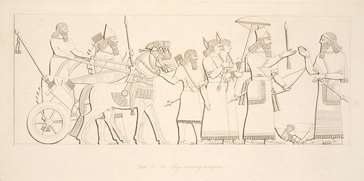 Kungen tar emot fångar, från Monuments of Nineveh, pub. 1849 av Austen Henry Layard
