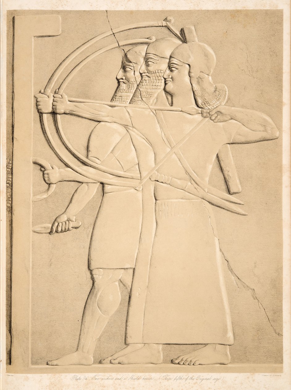 Två bågskyttar och en sköldbärare, från Monuments of Nineveh, pub. 1849 av Austen Henry Layard