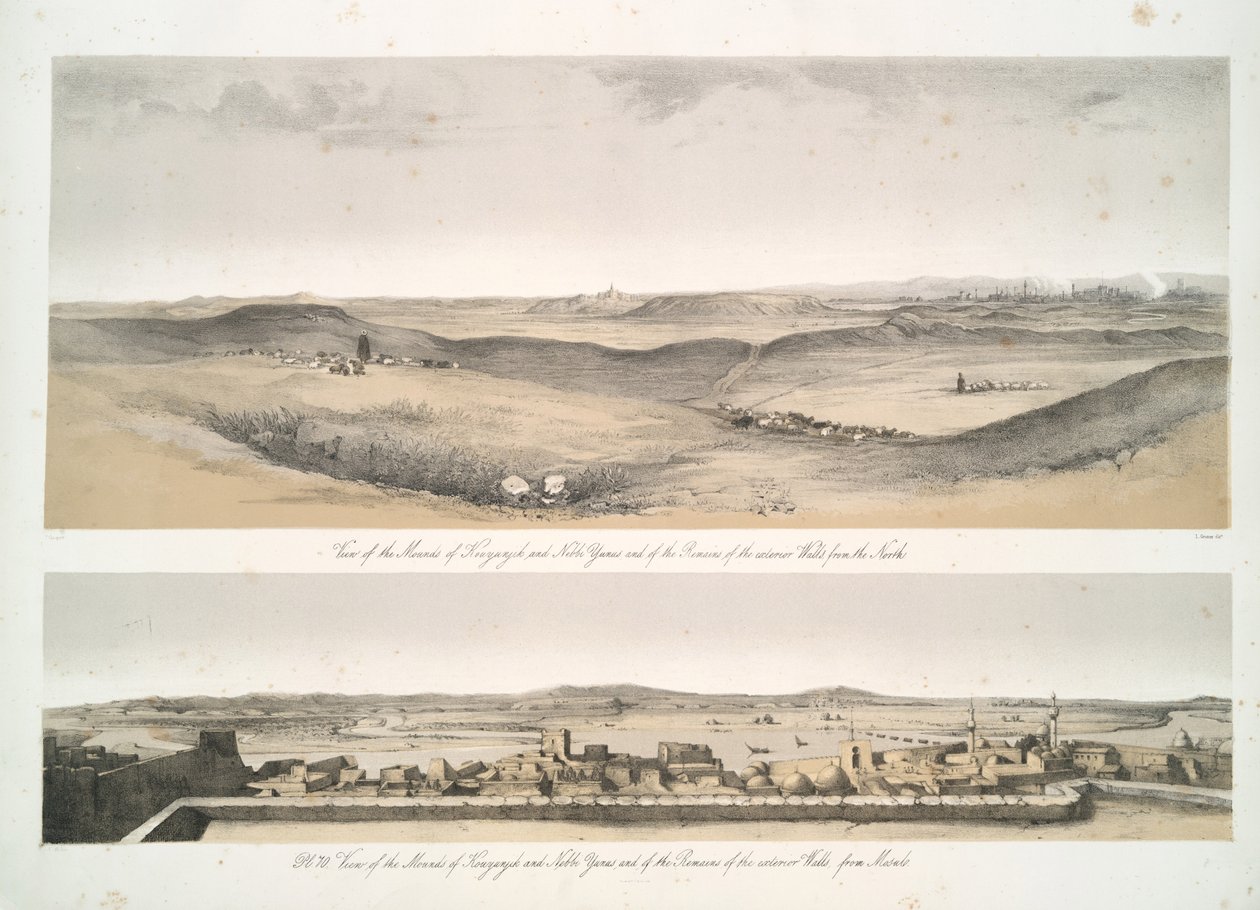 Utsikt över kullarna i Kouyunjik [Quyunjik] och Nebbi Yunus, och resterna av ytterväggarna, från Mosul av Austen Henry Layard