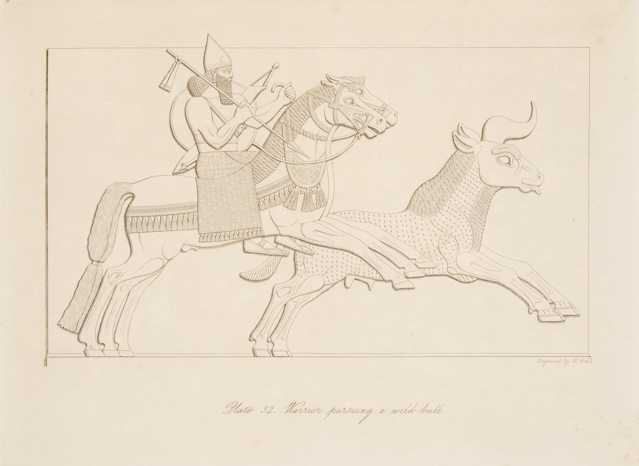 Krigare som jagar en vild tjur, från Monuments of Nineveh, pub. 1849 av Austen Henry Layard