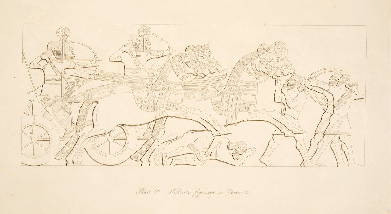 Krigare som slåss i vagnar, från Monuments of Nineveh, pub. 1849 av Austen Henry Layard