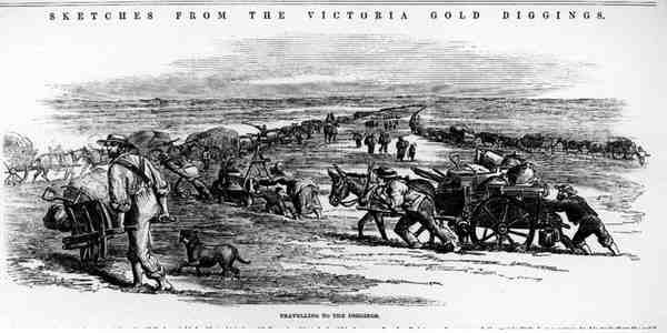 Resa till grävningarna, från skisser från Victoria Gold Diggings (penna och bläck) av Australian School