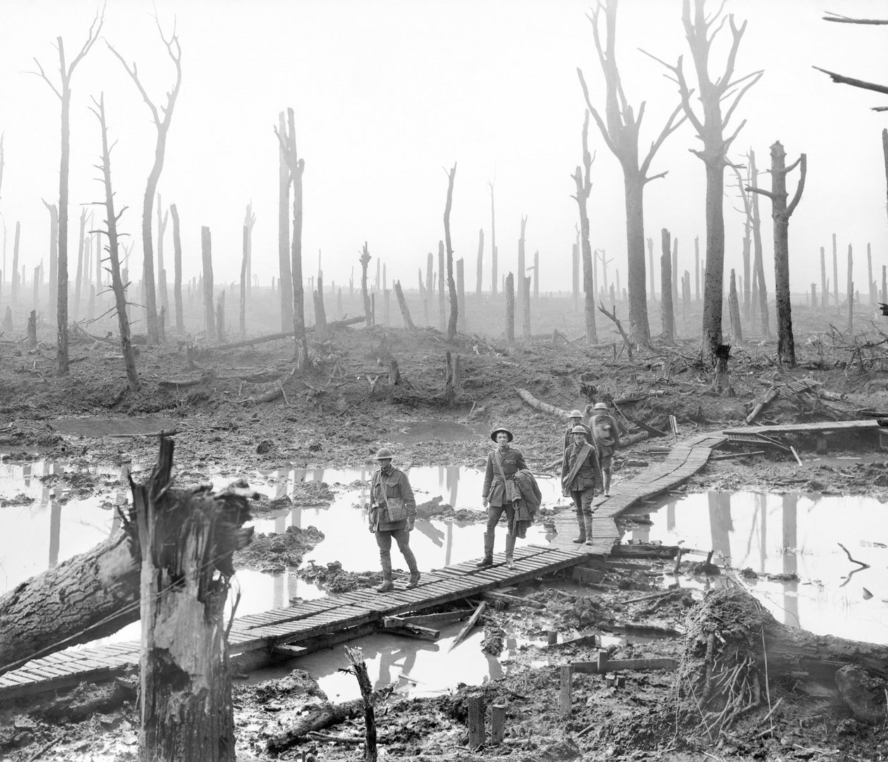 Fem australiensare, medlemmar av en fältartilleribrigad, som passerar längs ett ankbrädesspår över lera och vatten bland magra kala trädstammar i det ödelagda Chateau Wood, en del av en av striderna av Australian Photographer