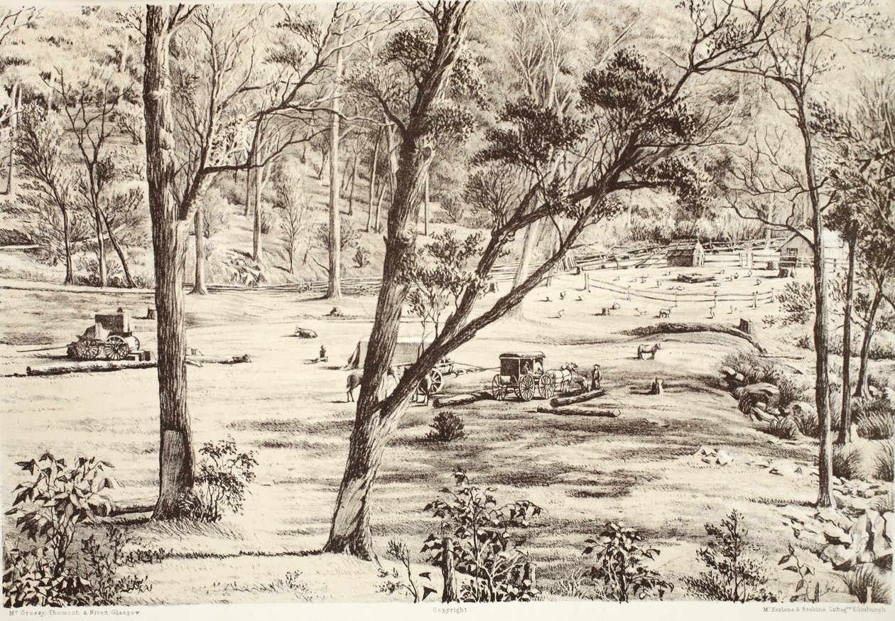 Free Selectors Hut, från The History of Australasia av David Blair, McGrady, Thomson och Niven, 1879 av Australian School