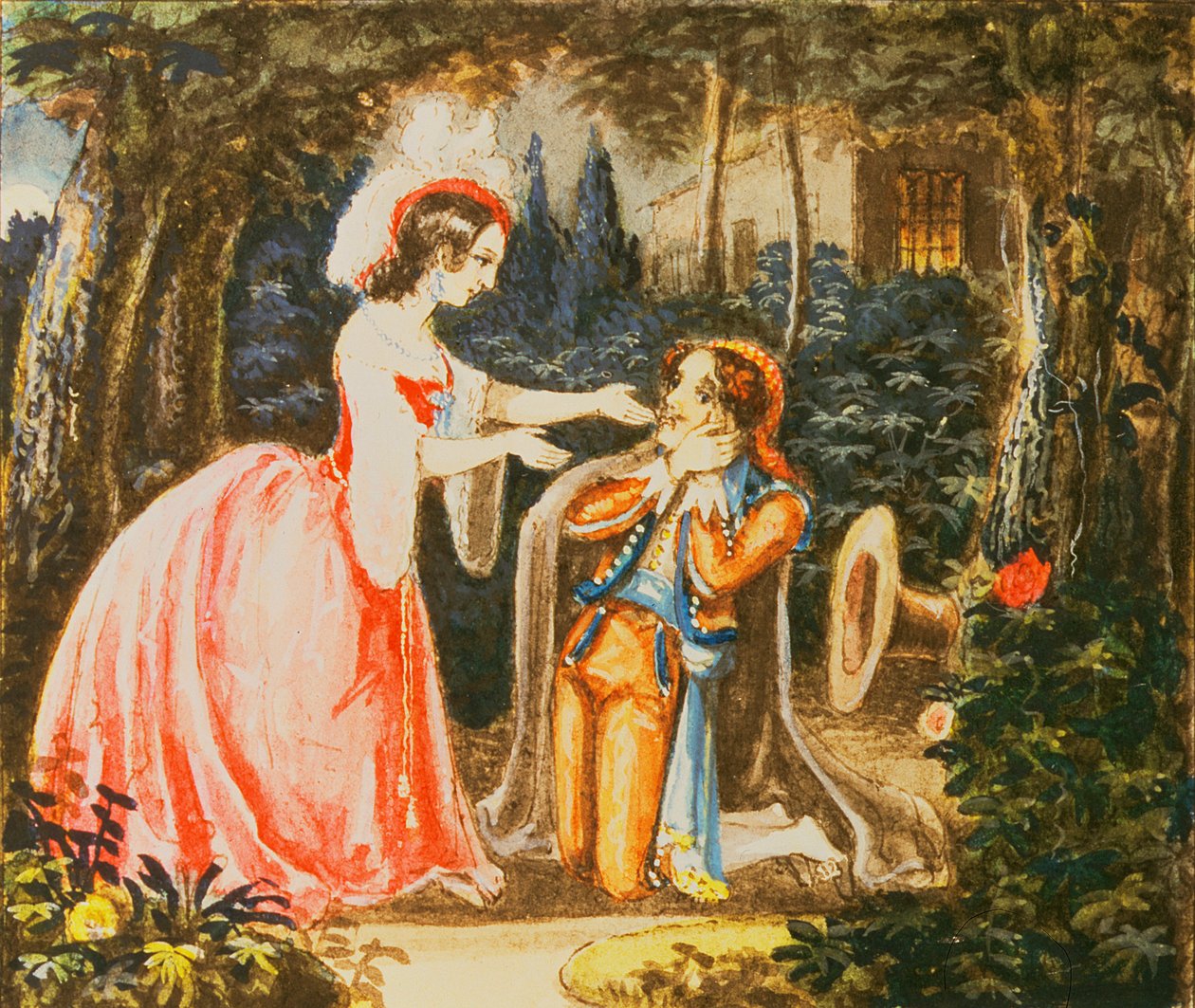 Greve Almaviva knäböjer inför sin hustru i ånger, akt IV, från "Figaros bröllop" av Wolfgang Amadeus Mozart (1756-91). av Austrian School