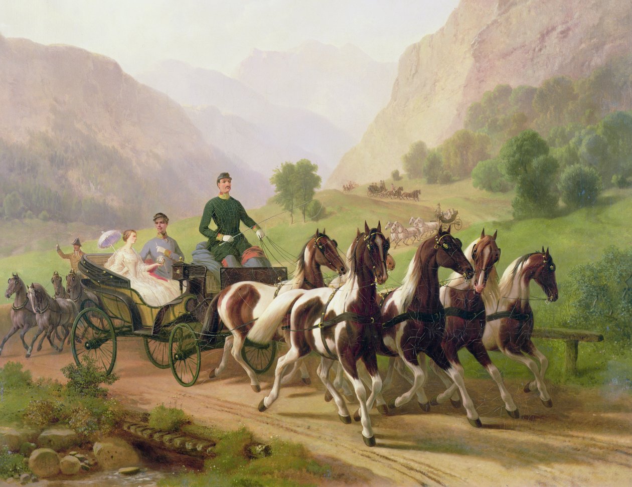 Kejsar Franz Josef I av Österrike, som kördes i sin vagn med sin hustru Elizabeth av Bayern i Bad Ischl, 1855 av Austrian School