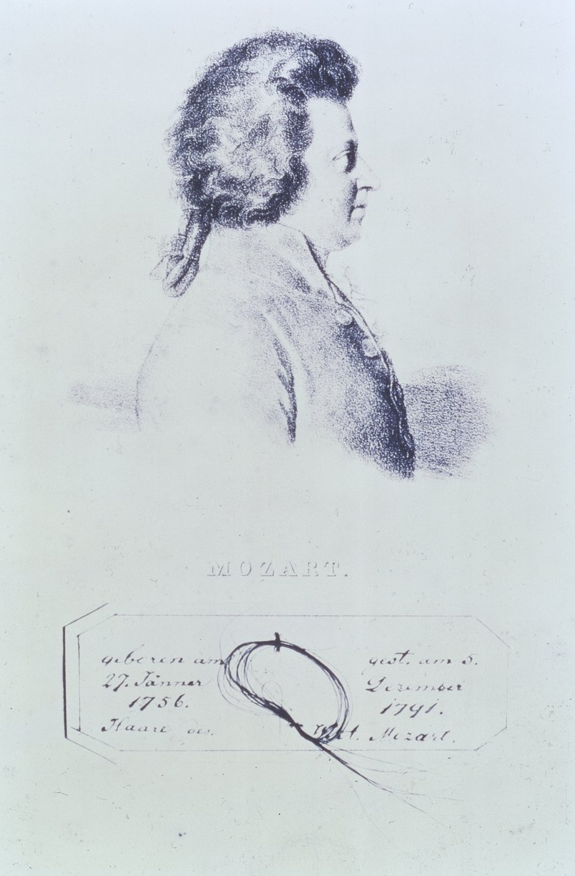Porträtt av Wolfgang Amadeus Mozart (1756-91) med en hårlock fäst nedanför. av Austrian School