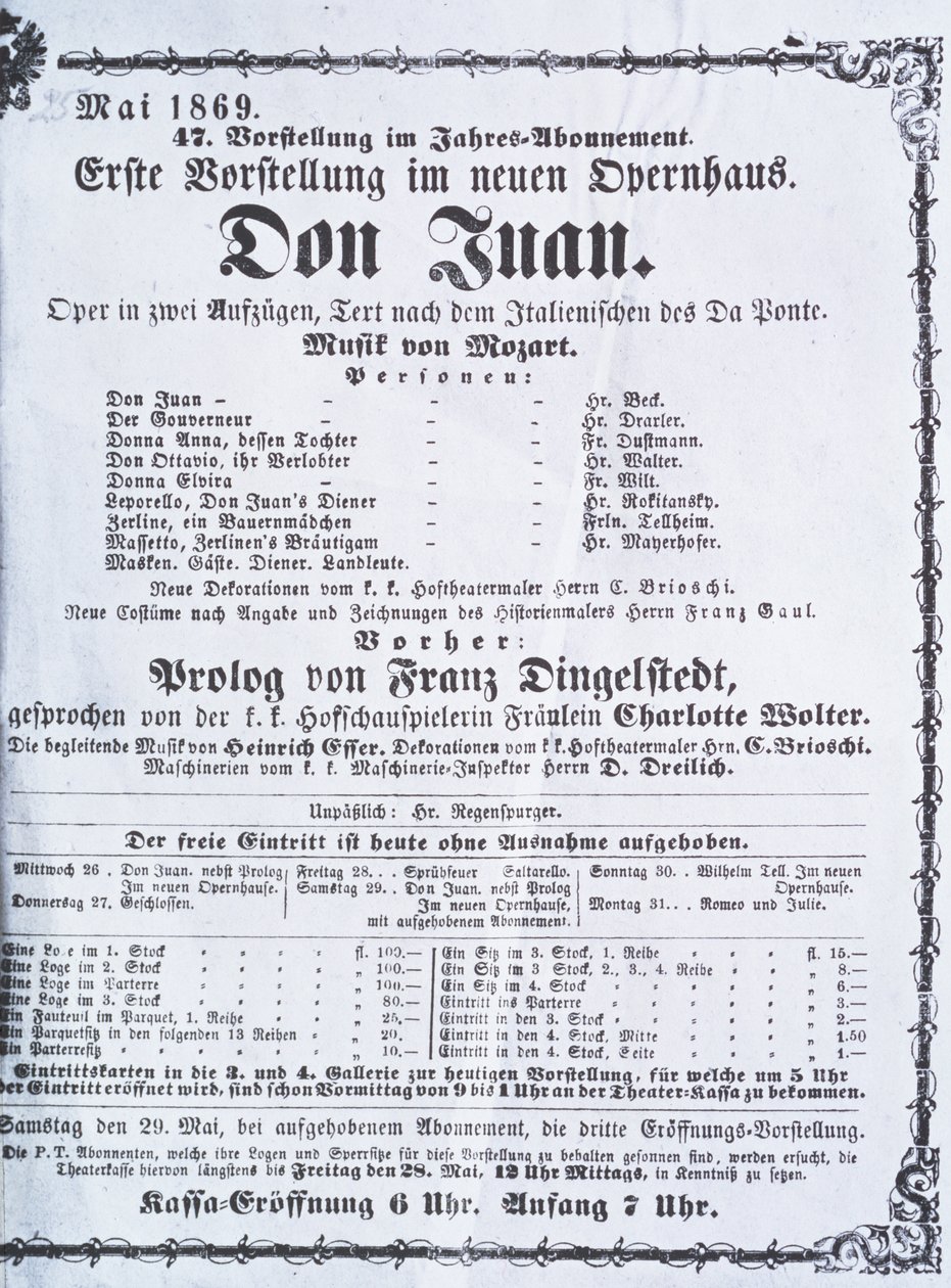 Affisch som annonserar en föreställning av "Don Juan" (Don Giovanni) av Wolfgang Amadeus Mozart (1756-91) maj 1869 av Austrian School