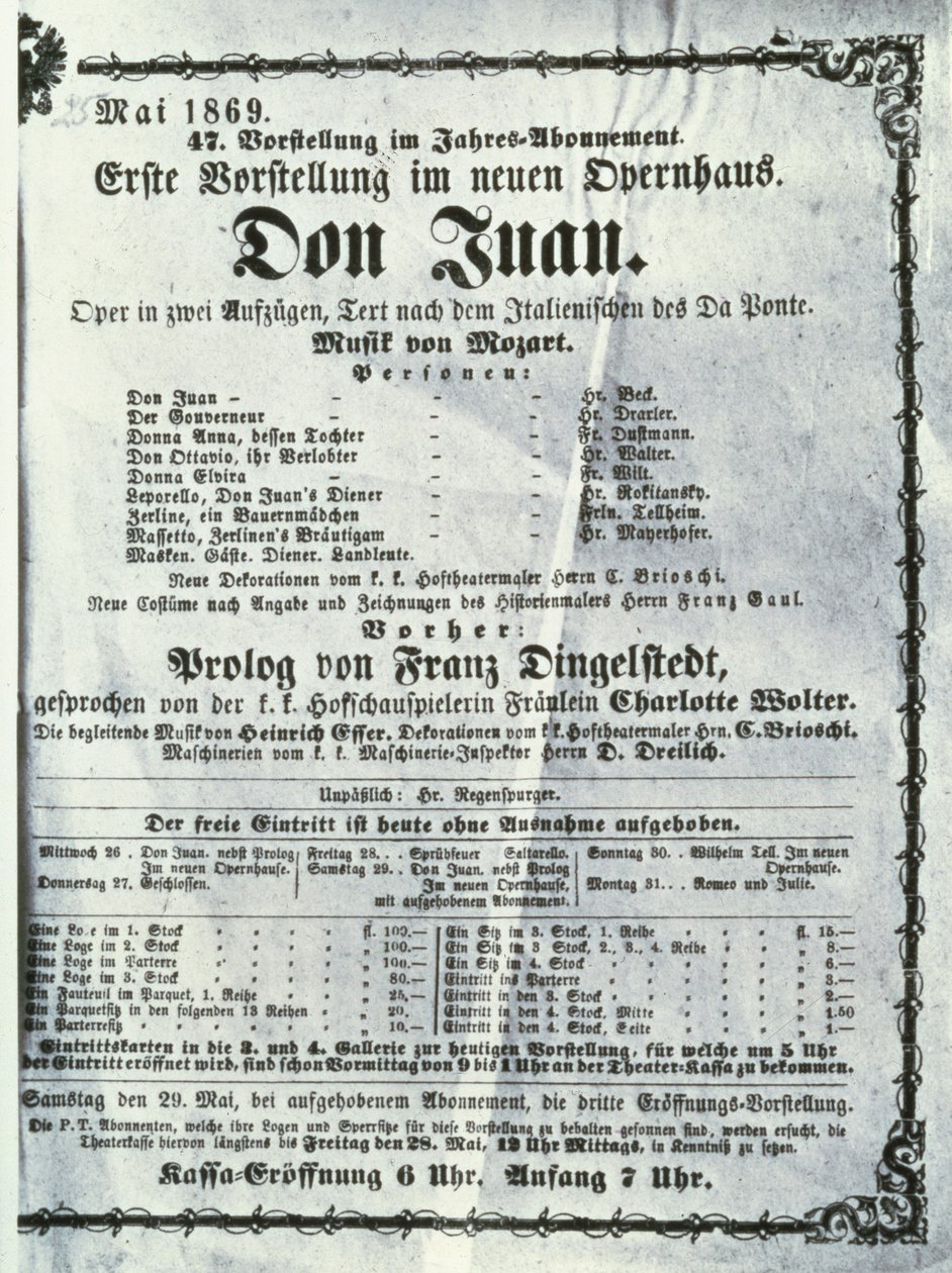 Affisch som annonserar en föreställning av "Don Juan" (Don Giovanni) av Wolfgang Amadeus Mozart (1756-91) maj 1869 av Austrian School