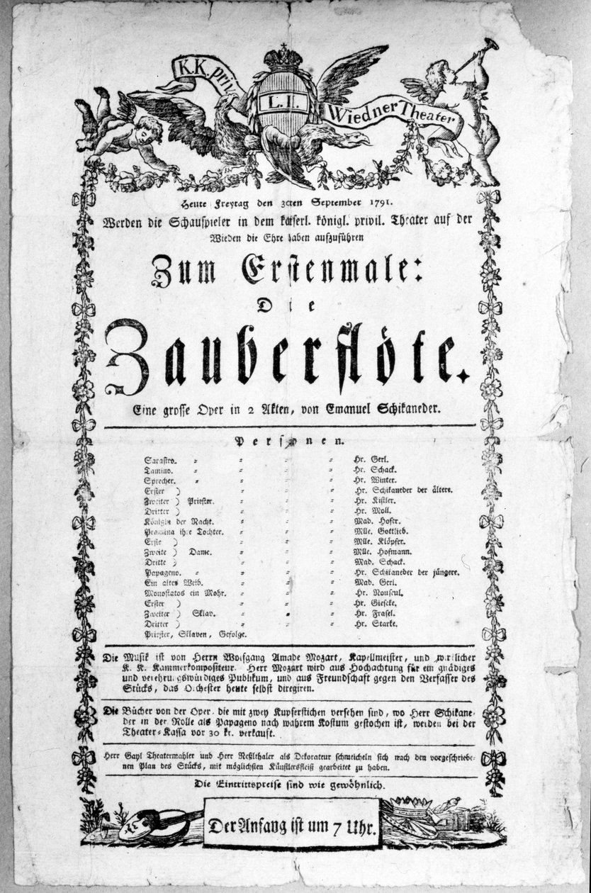 Affisch som annonserar premiären av "Trollflöjten" av Wolfgang Amadeus Mozart på Freihaustheater (nu Theatre an der Wien), 1791 av Austrian School