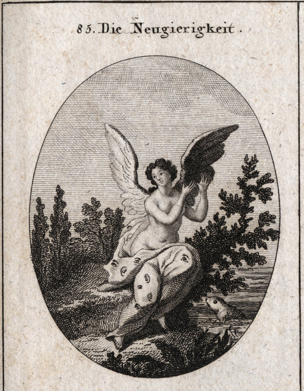 Allegorie de curiosite representerad med ett draperi prickat med öron och ögon. Vingarna förhöjda Gravyr i "" Ikonologi eller idéer från området för passioner och allegorier bildligt representerade för ritare, målare, poeter, forskare, pedagoger och av Austrian School