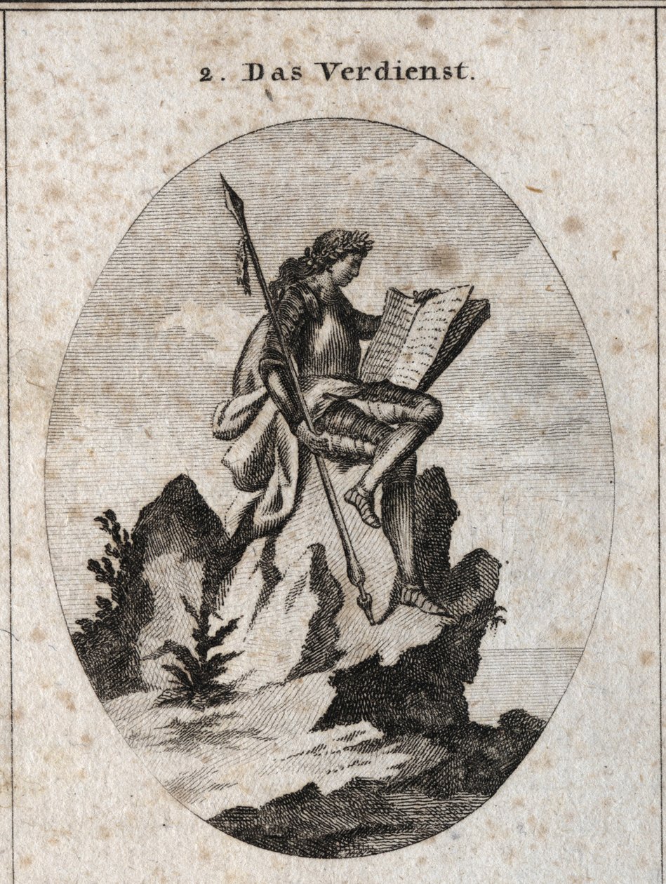 Allegorie du merite representerar på toppen av en klippa brant med vapen och en bok som symboliserar det som ett resultat av hans verk och studier. Gravyr i "" ikonologi eller idéer från området passioner och allegorier avbildade för teckning av Austrian School