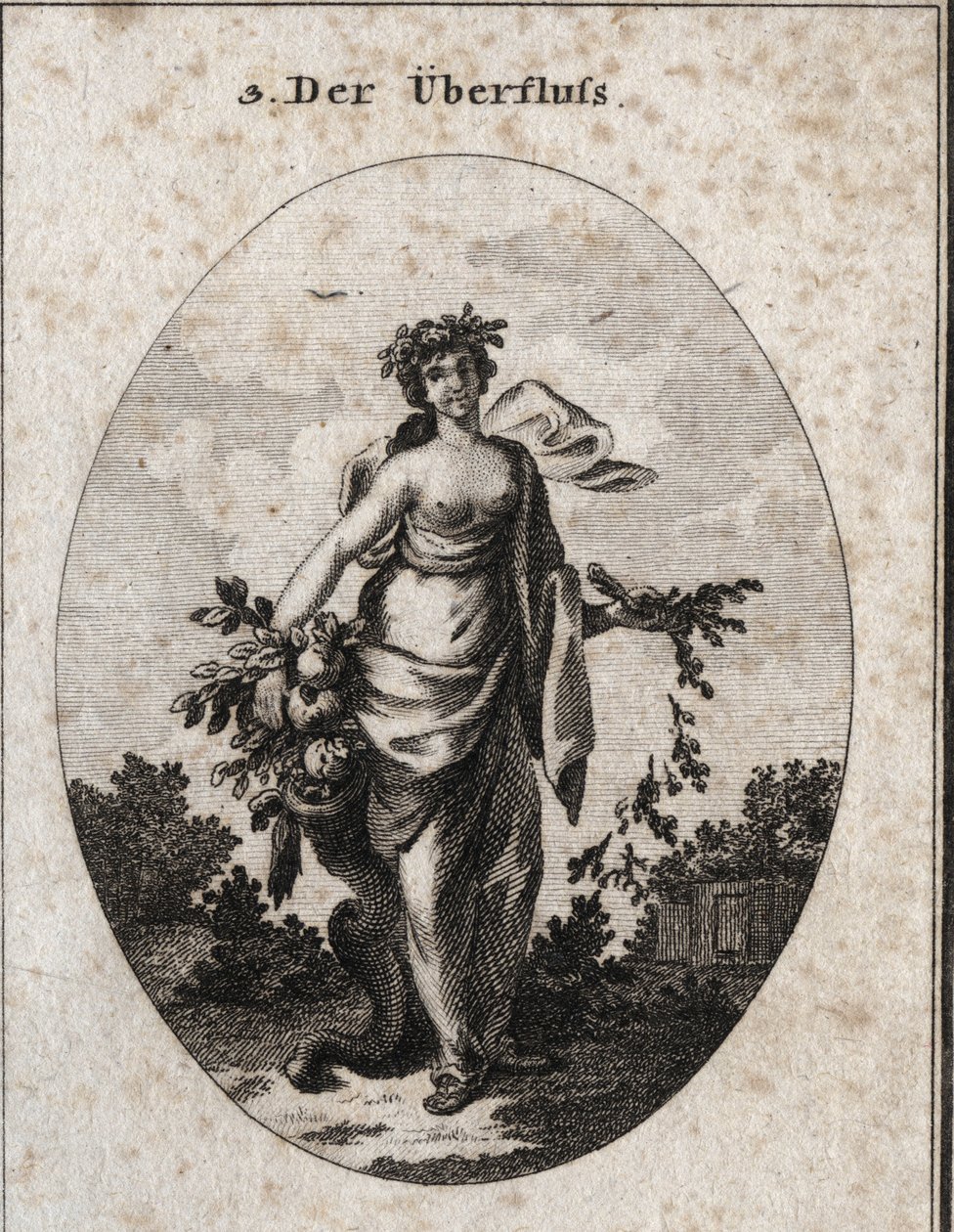 Allegori om överflöd. Vi representerar henne vackra och nådiga. Blommans krona betyder glädjen över hans gåvor. Buketten med öron och de olika grönsakerna som hon håller i sina händer ångrar sig på fötter, markerar överflöd och försummar ekonomin. av Austrian School