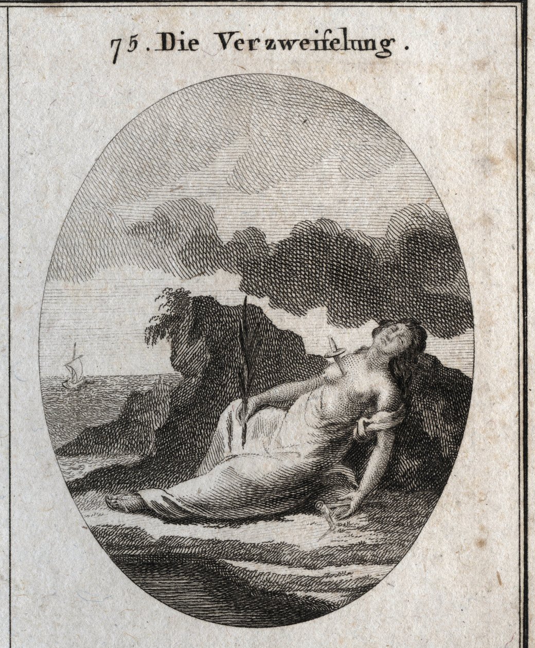 Allegory of Desperation skildrar en dolk i bröstet och en gren av cypers i handen (träd som en gång prydde gravarna). Breeze compas är emblemet för tankestörningen. Gravyr i "" Iconologie oder Ideen aus dem Gebiete der Leidenschaft av Austrian School