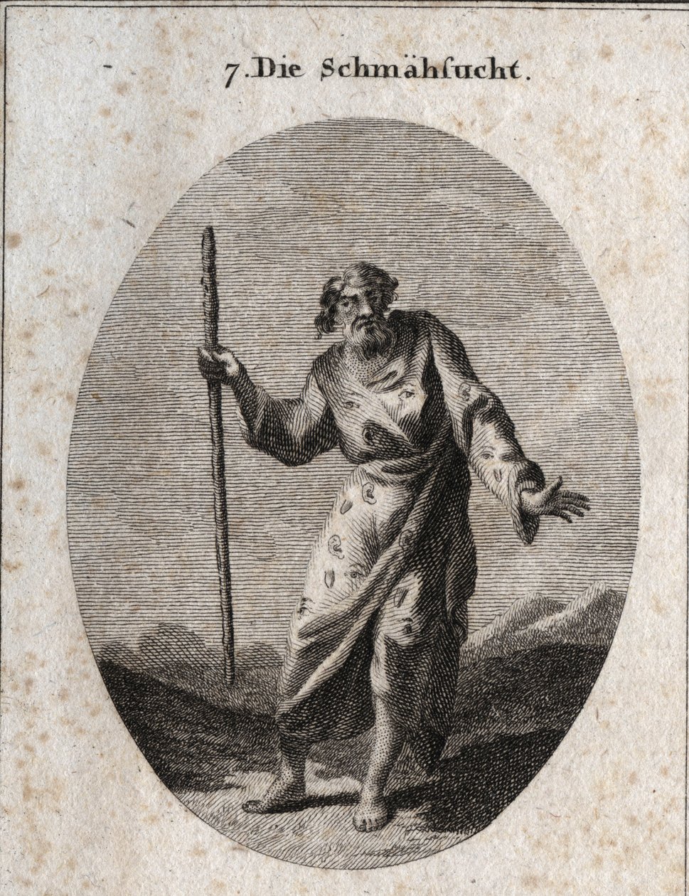 Allegori om skulden representerar av Momus satyrens och tillrättavisningens Gud som en gammal man som talar och slår jorden. Hans kläder är strödda med öron, ögon och tungor. Gravyr i "" Iconologie oder Ideen aus dem Gebiete der Leidenschaften und Allegori av Austrian School