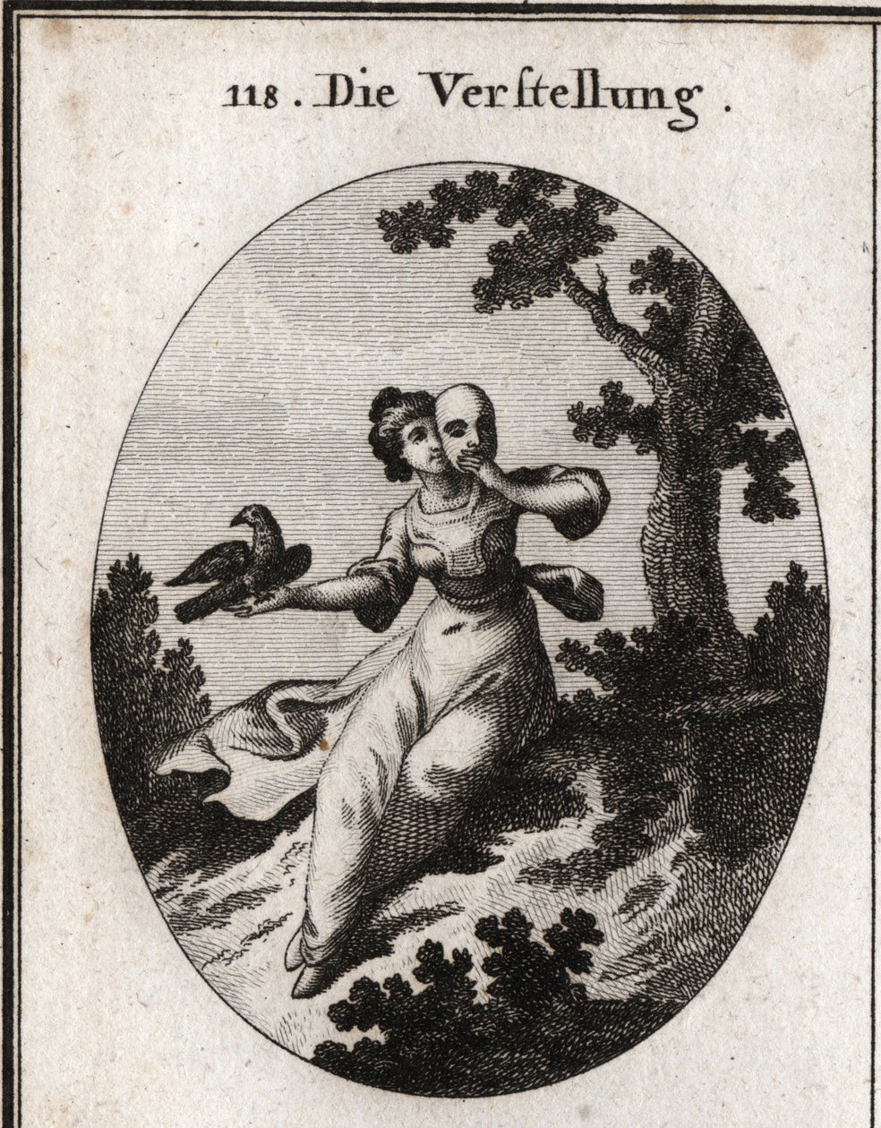 Allegori om döljande. Hon täcker sitt ansikte med en mask, ett falskt emblem. Dess egenskap är en skata, både vit och svart, och dess smekningar blandas med näbbar. Gravyr i "" Iconologie oder Ideen aus dem Gebiete der Leidenschaften und Allegorien av Austrian School