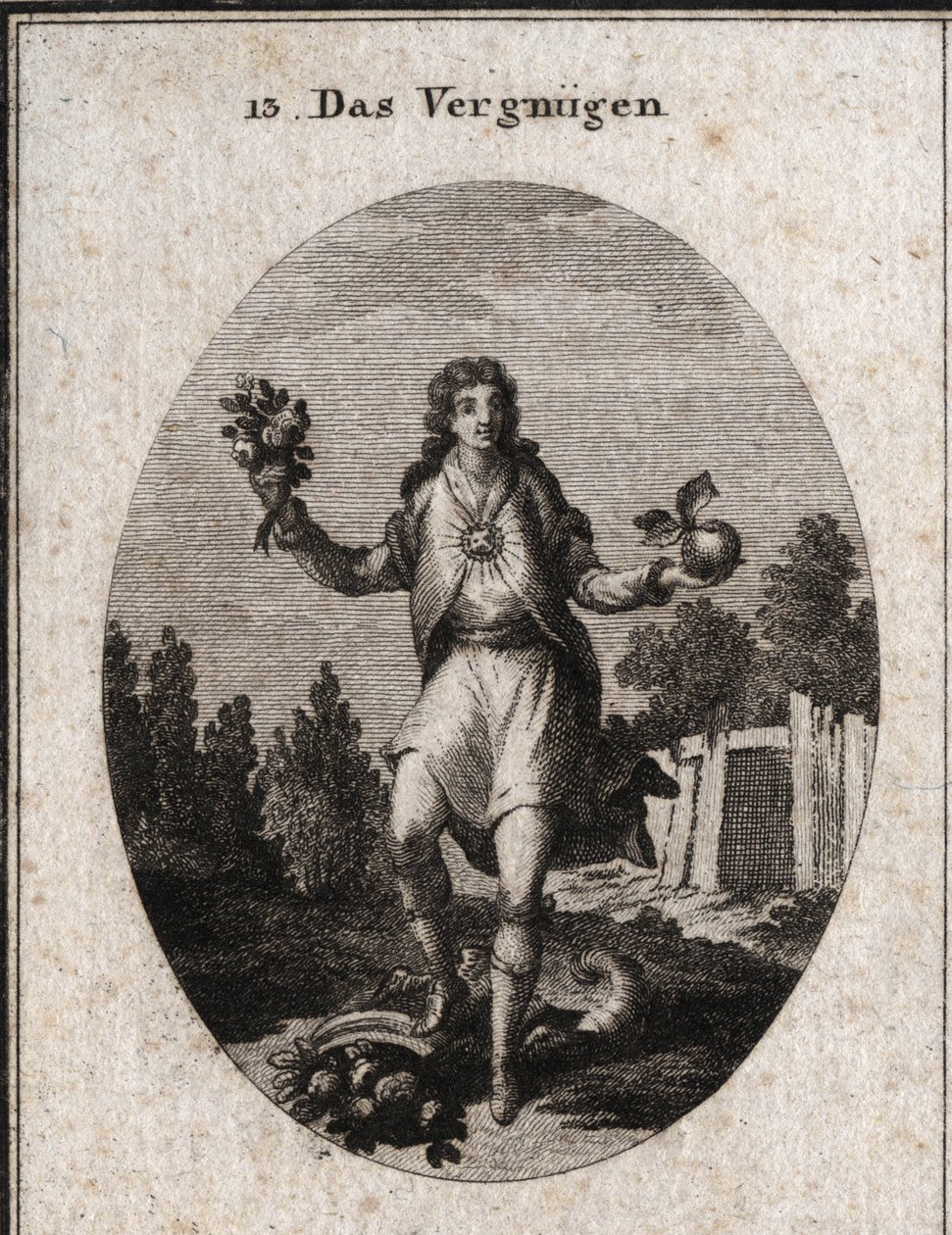 Allegori om belåtenhet representerad av en ung man som håller ett gyllene äpple med ena handen och en bukett blommor på den andra. De visar att allt som omger honom deltar i hans glädje, som symboliseras av rubinen som strålar på hans bröst. Dess av Austrian School