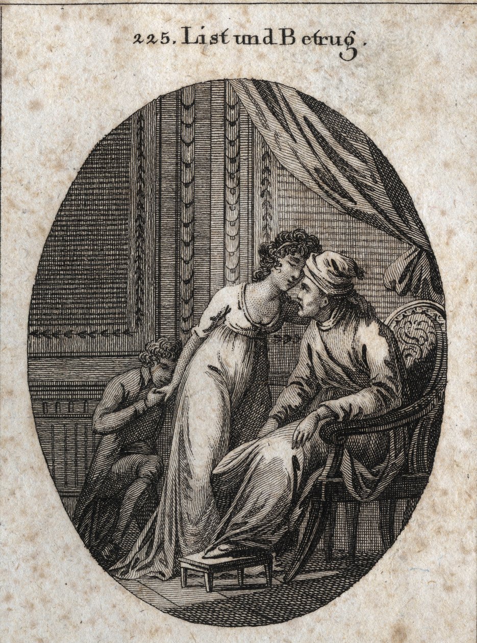 Allegori om list och bedrägeri. Uttryck: Vem ger dig fler smekningar än vanligt, det är ett tecken på att han har lurat dig eller att han vill lura dig. Gravyr i "" Iconologie oder Ideen aus dem Gebiete der Leidenschaften und Allegorien bildich av Austrian School