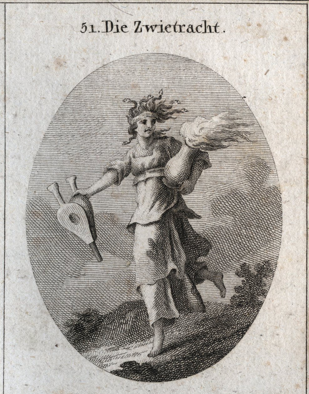 Allegory of Discord. Hennes hår är format av huggormar och pannan är ett blodigt bandage. En bälg i ena handen och i den andra en vas med eld. Gravyr i "" ikonologi eller idéer från området passioner och allegorier avbildade för Z av Austrian School