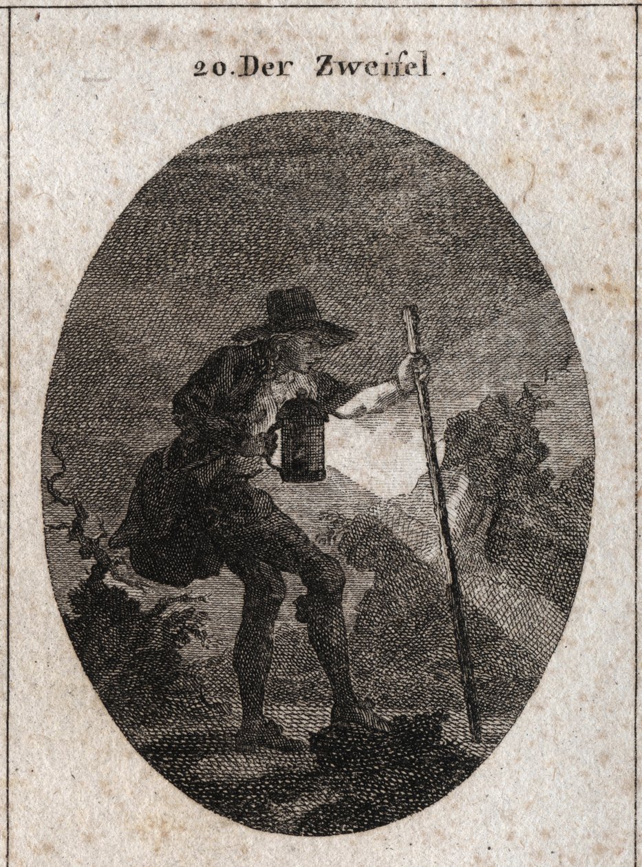 Allegori om tvivel representerad av en ung man som går genom mörkret med en lykta och en båt som han hjälper till att hitta genom flera stigar fyllda med stenar. Gravyr i "" Iconologie oder Ideen aus dem Gebiete der Leidenschaften und Allegor av Austrian School