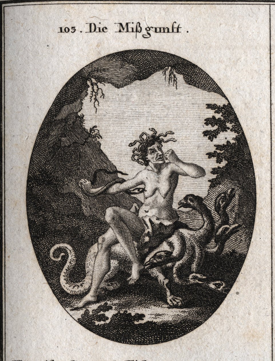 Allegori om avundsjuka i form av en mycket ful gammal kvinna. I raseri biter hon sig i näven och en orm försöker bita hennes hjärta. Hon sitter på en hydra, ett monster som ser ut som hon. Gravyr i "" Iconologie oder Ideen aus dem Gebiete der Leidenschafte av Austrian School