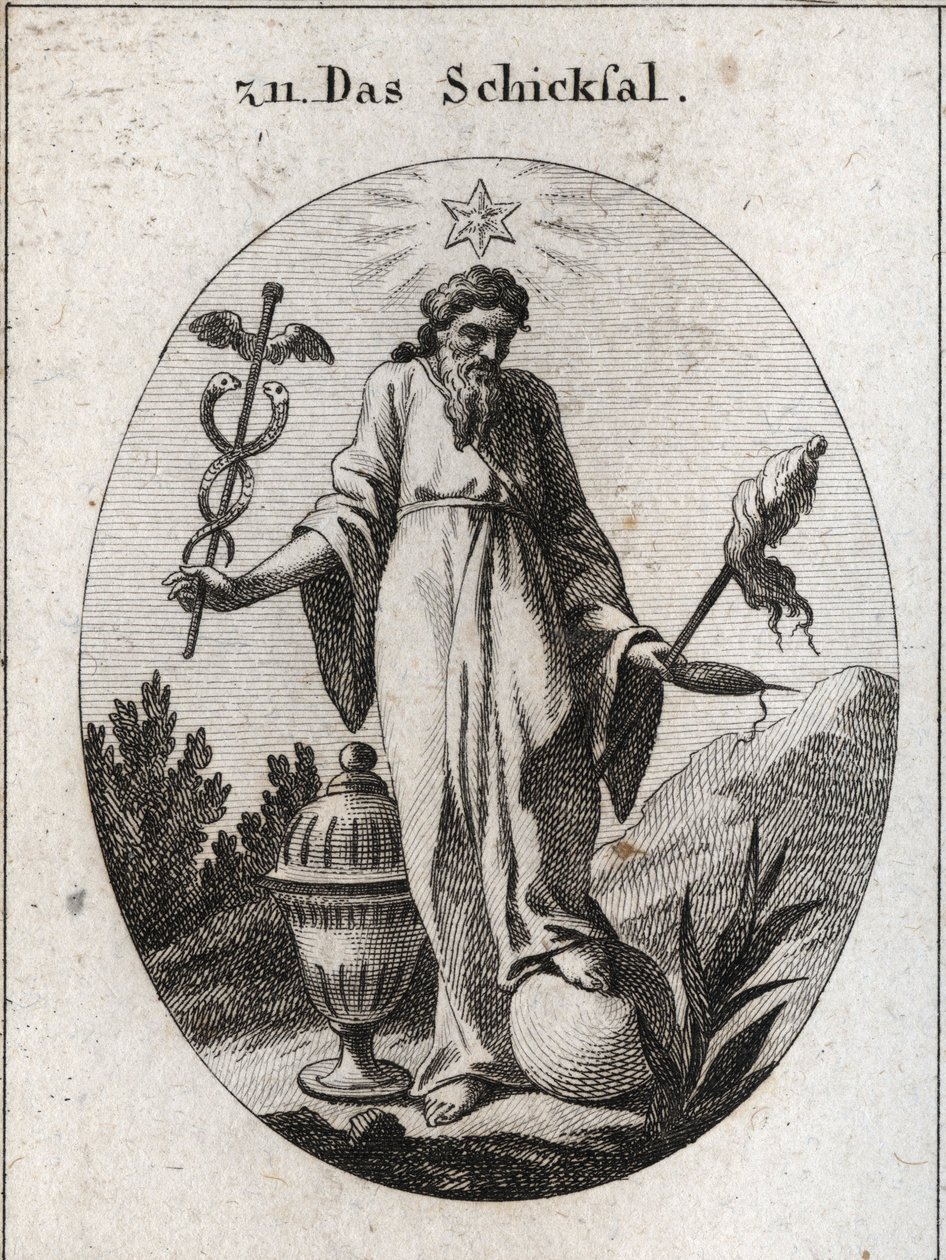 Allegori över ödet. En stjärna ovanför den eoects rapporter om astrologi om incidenter av mänskligt liv. Han håller med ena handen en lövfällande symbol för sin makt och å den andra en cattailsymbol och en fiuseau vars trasiga tråd indikerar livets bräckli av Austrian School