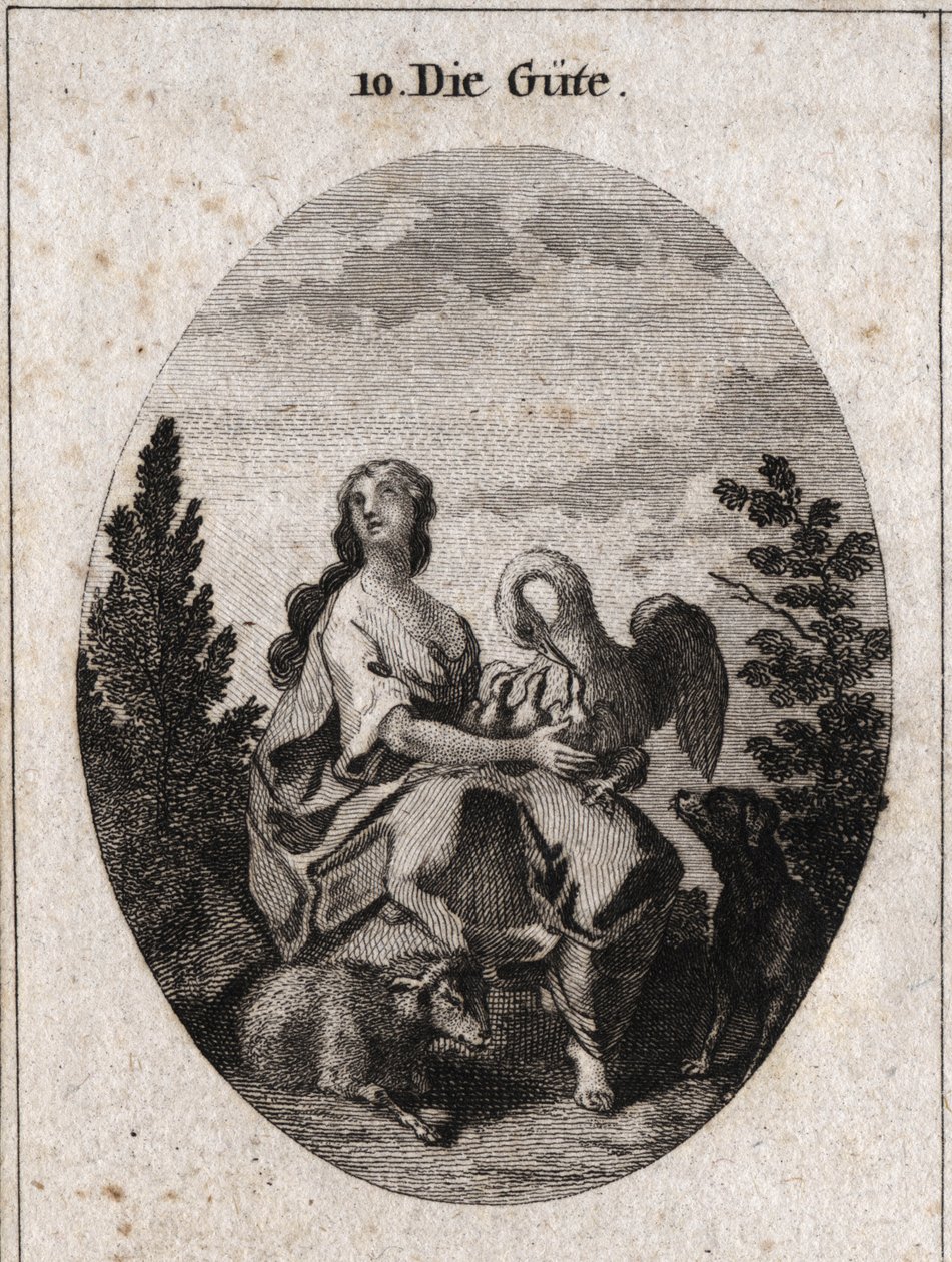 Allegori om godhet representerad av en ädel och riklig skönhet som tittar på himlen med kärlek. Pelican symboliserar välgörenhet, hundtrohet och lamm, sötma. Gravyr i "" ikonologi eller idéer från området passioner och allegorier bildligt representerade av Austrian School