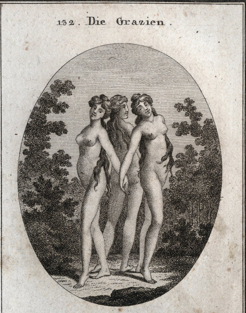 Allegory of Graces. De tre nåderna: Euphrosine som betecknar allegress och belåtenhet, Aglaya som symboliserar imponerande skönhet och Thalia-glädje. Gravyr i "" ikonologi eller idéer från området passioner och allegorier avbildade för Ze av Austrian School
