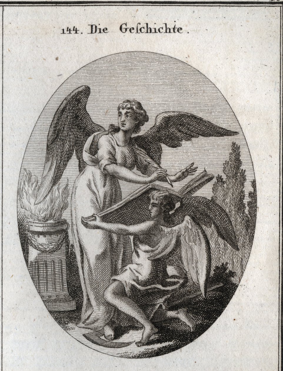 Allegori över historien. Hans handlingar att lyssna och skriva på en fantastisk bok som stöds av tiden innebär handlingen att bli informerad om att omskriva minnet av tidigare saker. Gravyr i "" Iconologie oder Ideen aus dem Gebiete der Leidenschaften und  av Austrian School