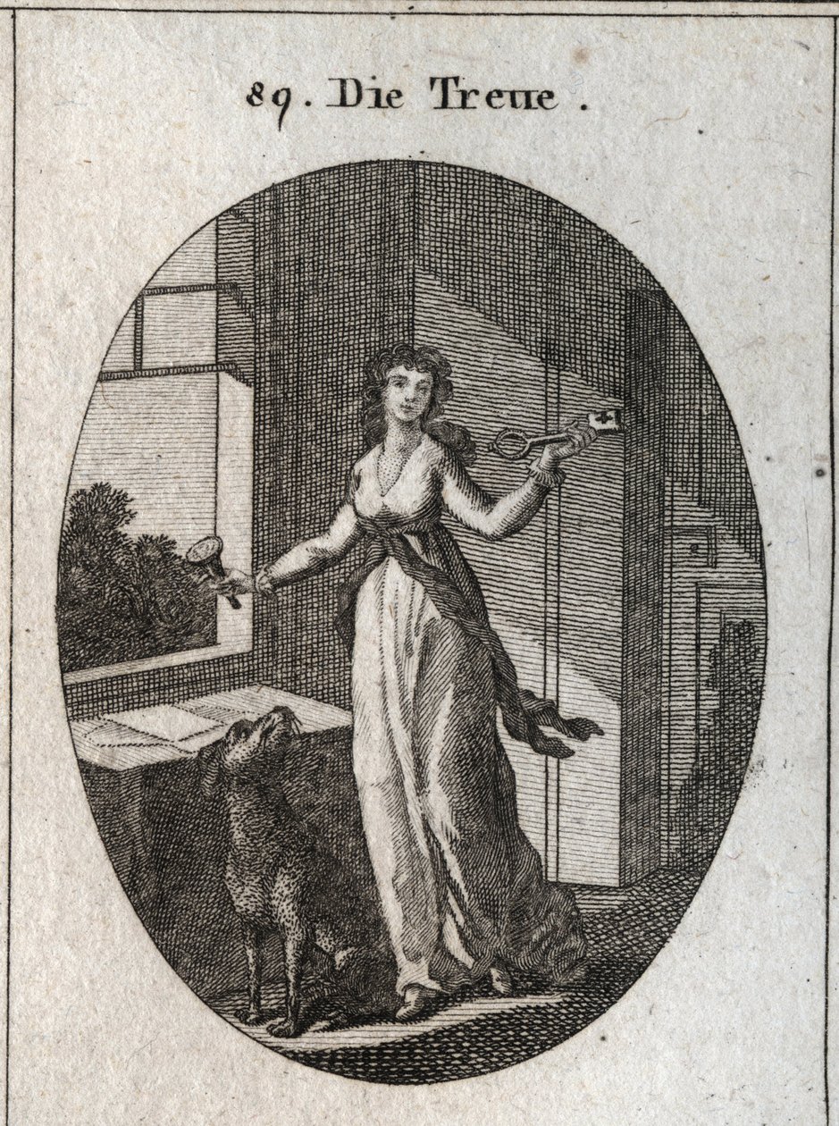 Allegori om lojalitet vars symboler är nyckeln, sigillen och hunden. Gravyr i "" ikonologi eller idéer från området passioner och allegorier avbildade för ritare, målare, poeter, forskare, lärare och vänner av högre smak av Austrian School